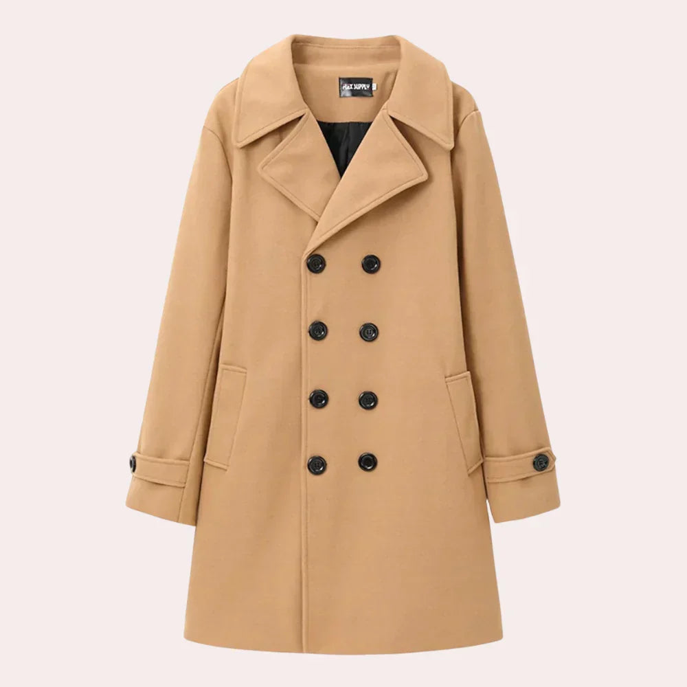 Classic men's double-breasted overcoat. Versatile tailored outerwear, suitable for all seasons and occasions.