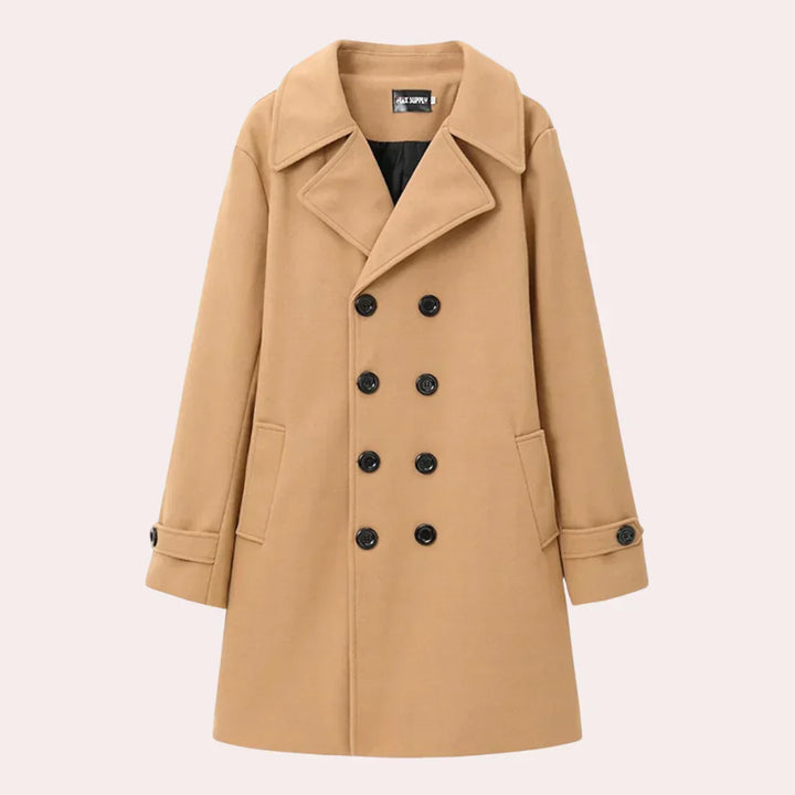 Classic men's double-breasted overcoat. Versatile tailored outerwear, suitable for all seasons and occasions.