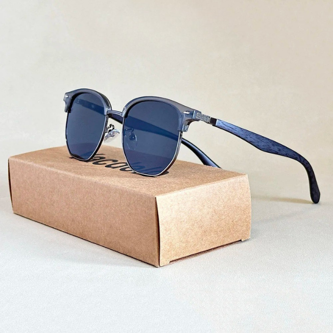 Designer men's double bridge polarized sunglasses. Premium metal frame, acetate arms. Fashion eyewear with UV protection.