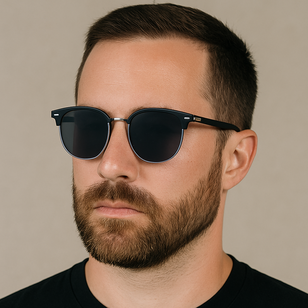 Fashionable men's polarized double bridge shades. Metal frame eyewear with UV protection and stylish acetate arms.