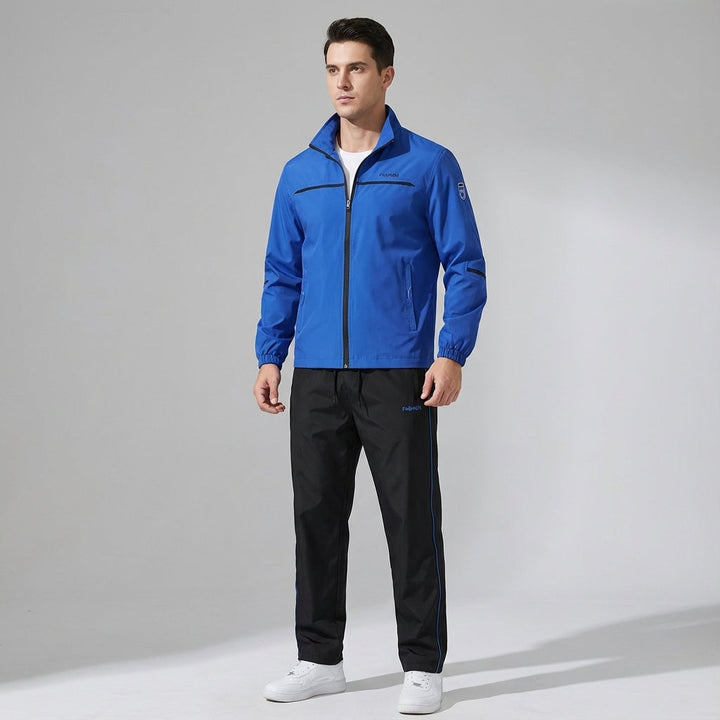 Men's polyester tracksuit, Douglas branded, grey two-piece training set, side view, ideal for jogging.