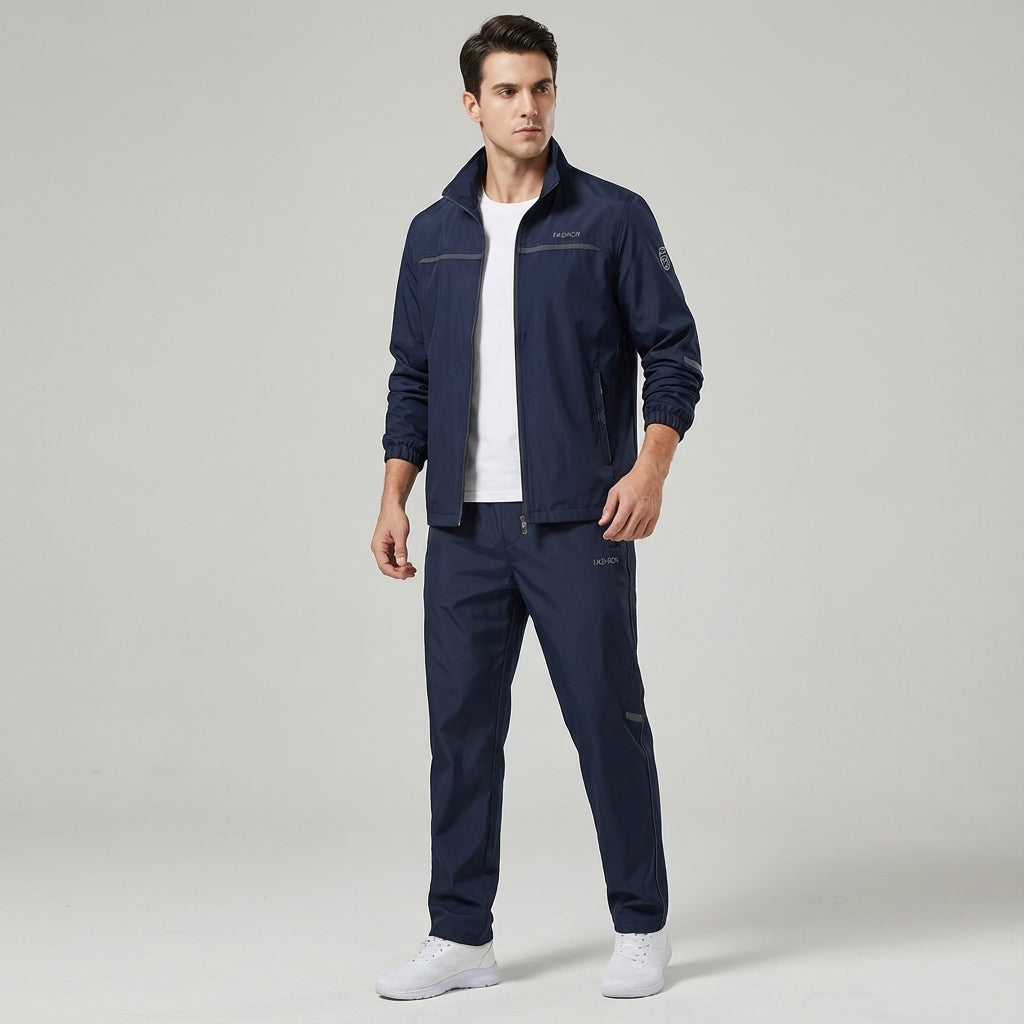Men's Douglas two-piece polyester training set in dark green, folded neatly, showcasing the complete tracksuit.