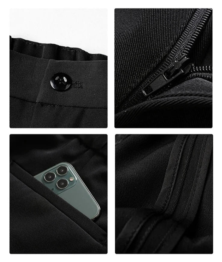 Detail of waistband & pockets on men's draped formal trousers. Practical and stylish business wear pants.