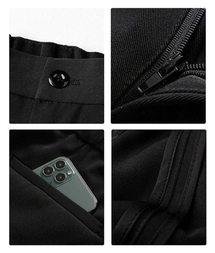 Detail of waistband & pockets on men's draped formal trousers. Practical and stylish business wear pants.