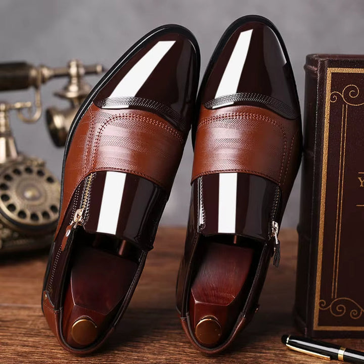 Men's dual-texture slip-on dress loafers with sleek zipper detail. Ideal for formal & business casual.