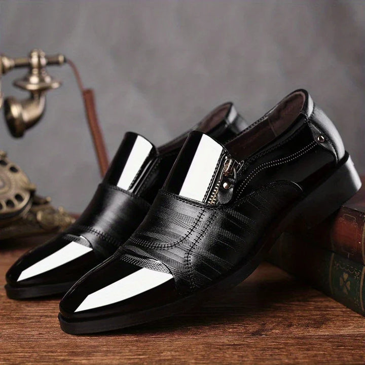 Modern men's formal shoes: dual-texture slip-on loafers with an elegant zipper detail.