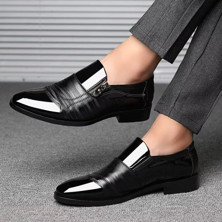 Sophisticated men's slip-on dress shoes, dual-textured with a refined zipper accent.
