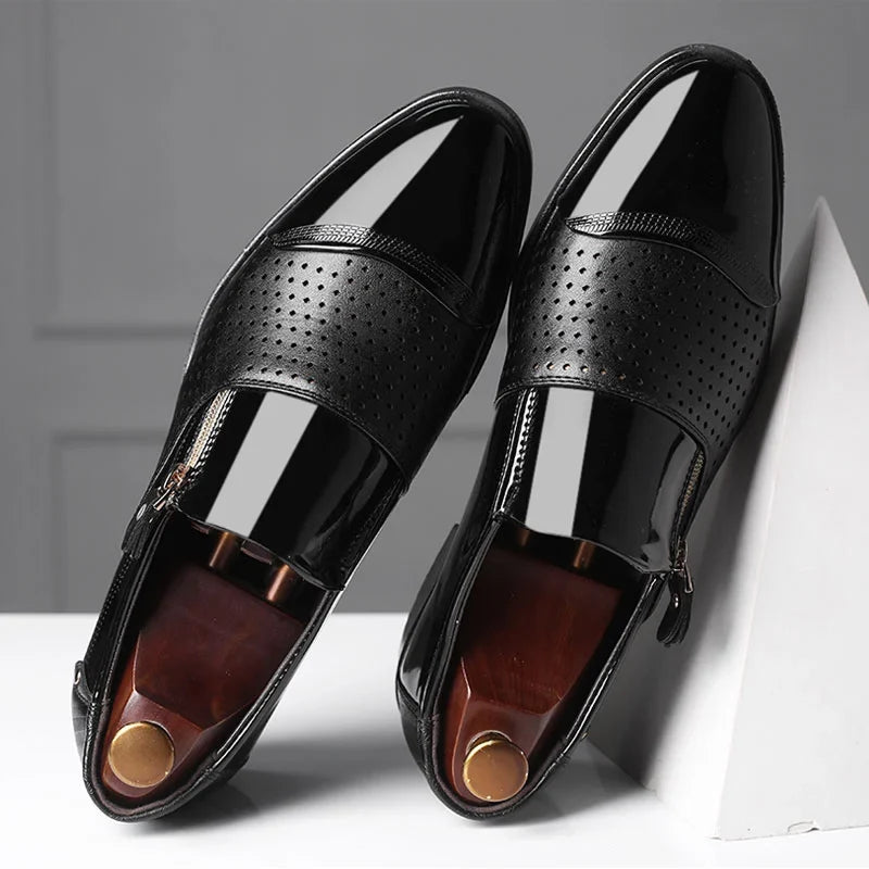 Elegant men's slip-on dress loafers. Combines textures & features a stylish side zipper.