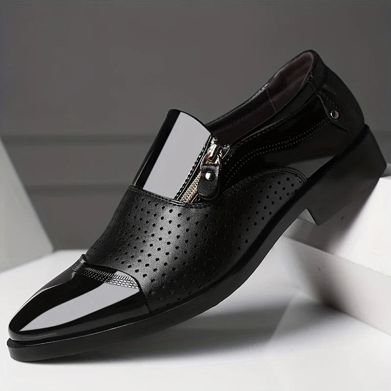 Polished men's loafers: dual-texture, slip-on comfort, and a distinctive decorative zipper.