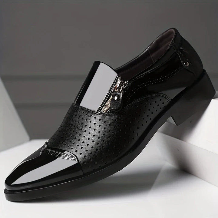Polished men's loafers: dual-texture, slip-on comfort, and a distinctive decorative zipper.
