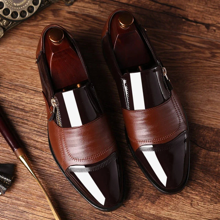 Modern men's loafers: dual-texture, slip-on design, prominent zipper. Perfect dress shoes.