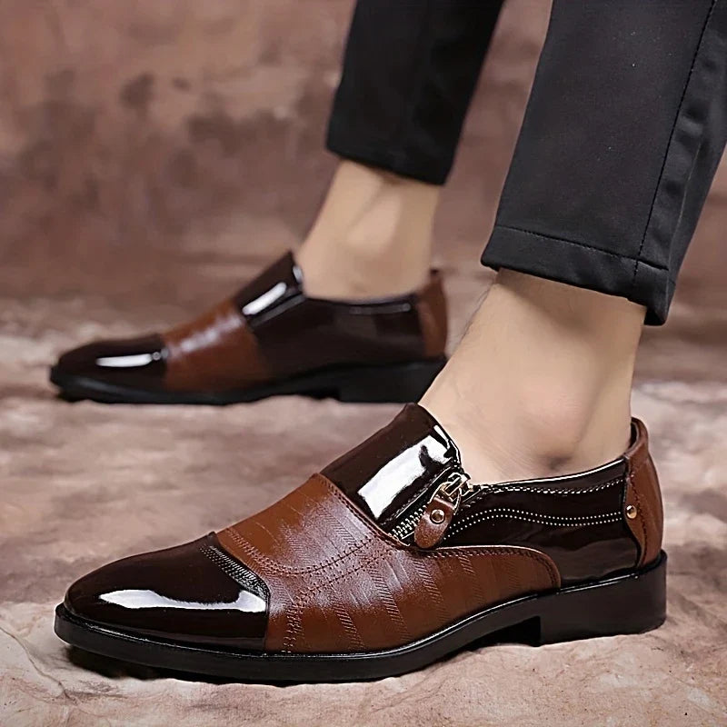Polished men's slip-on dress loafers featuring a unique dual texture & stylish zipper accent.