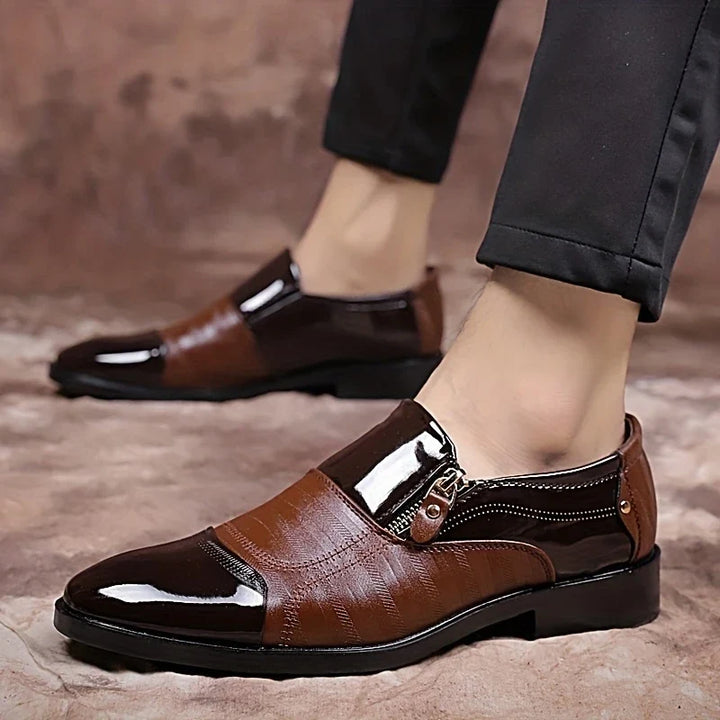 Polished men's slip-on dress loafers featuring a unique dual texture & stylish zipper accent.
