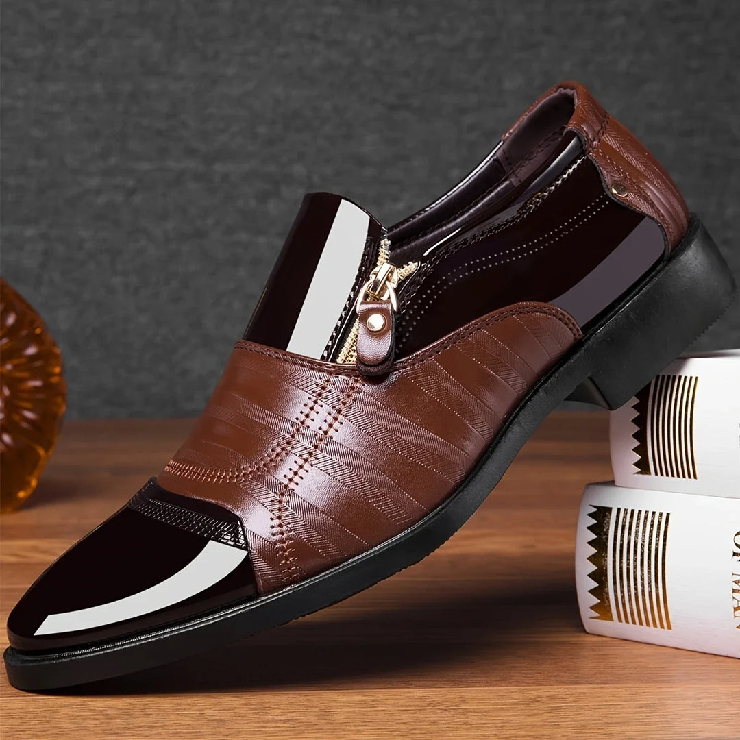 Textured men's slip-on dress shoes: modern design, dual-material, and a fashionable zipper.