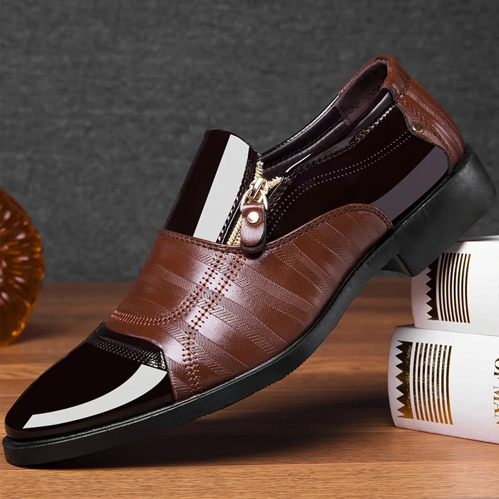 Textured men's slip-on dress shoes: modern design, dual-material, and a fashionable zipper.