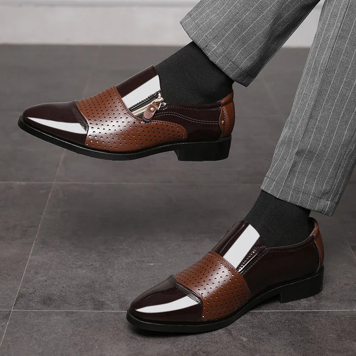 Business casual men's footwear: dual-texture slip-on loafers with a distinctive zipper detail.