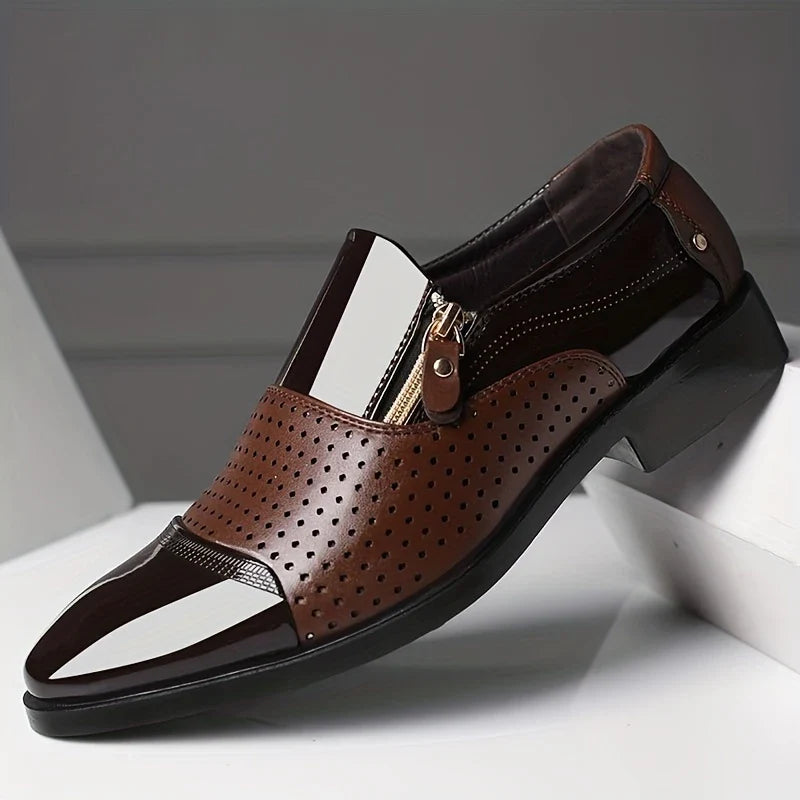 Men's dress loafers: a blend of textures, easy slip-on, and a contemporary zipper embellishment.