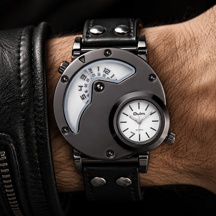 Stylish men's sport watch, lightweight with dual time function for travel convenience.