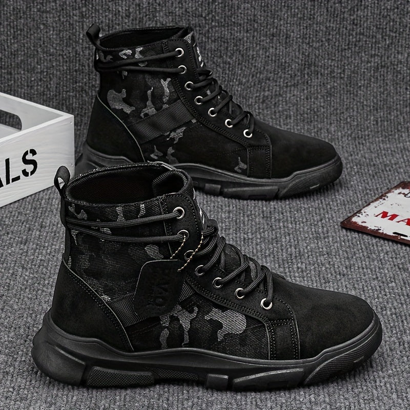 Rugged men's all-terrain tactical boots in black, offering ultimate durability and ankle support for outdoor work.