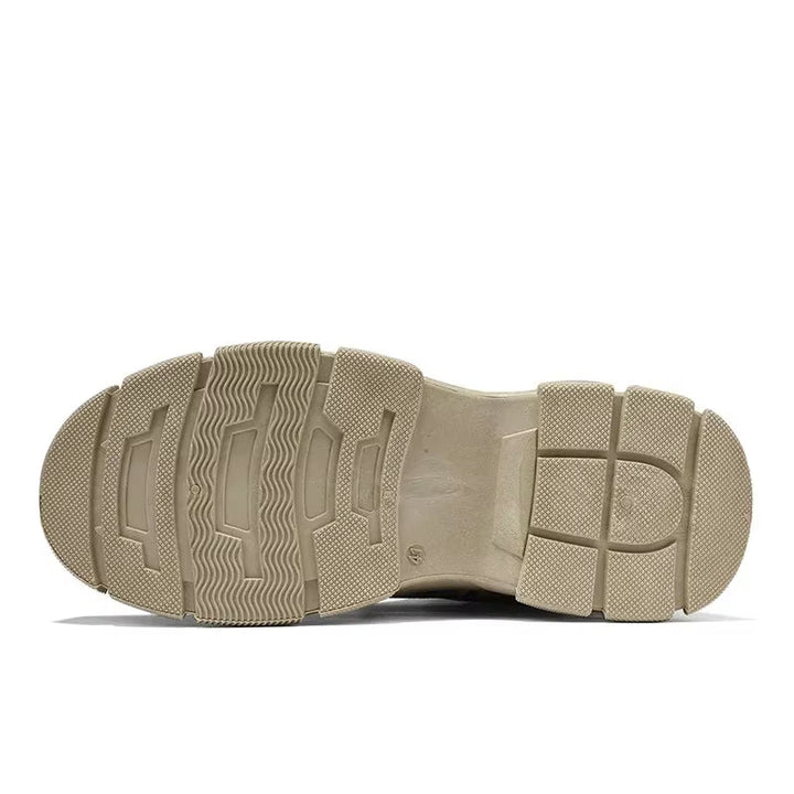 Men's military style camo tactical boots, durable all-terrain footwear with ankle support for hiking and work.
