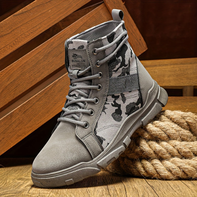 Men's gray camo tactical boots, built for durable all-terrain hiking and demanding outdoor work.