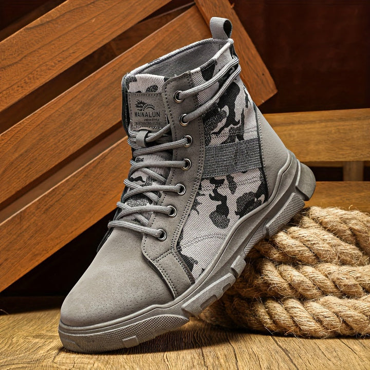 Men's gray camo tactical boots, built for durable all-terrain hiking and demanding outdoor work.