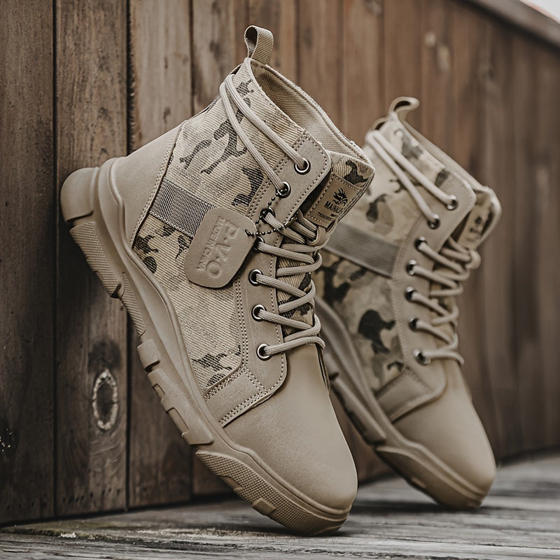 Close-up of durable men's khaki camo tactical boots, featuring rugged military-grade material and ankle support.