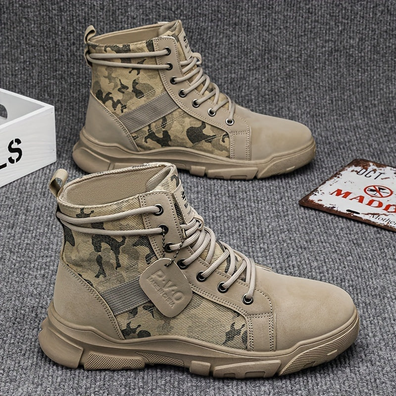 Pair of men's durable all-terrain black tactical boots, perfect for outdoor, hiking, and work boot needs.