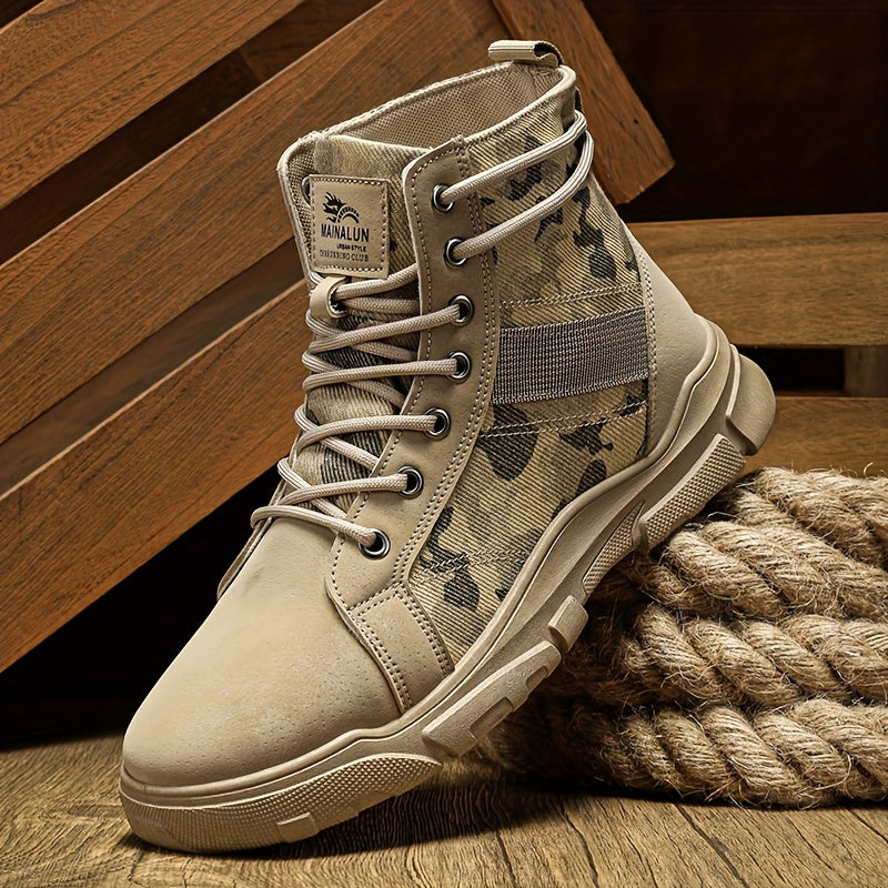 Secure lacing system on men's gray tactical boots, providing robust ankle support for all-terrain adventure.