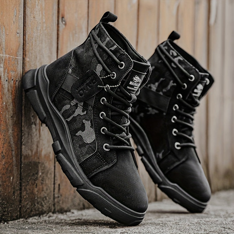 Men's durable camo tactical boots conquering all-terrain, essential for rugged outdoor and work.