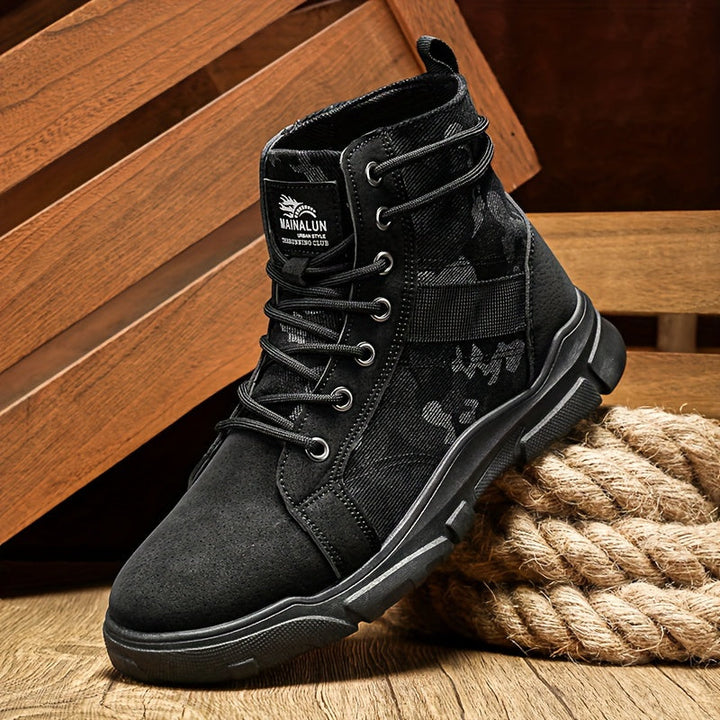 Front view of men's durable khaki tactical boots, designed for all-terrain, hiking, and military style use.