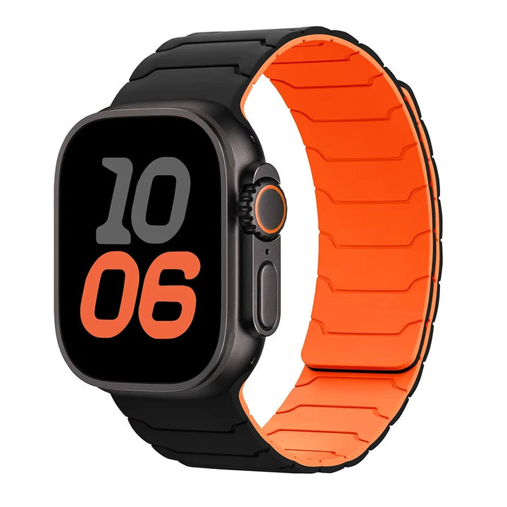 Men's durable black silicone Apple Watch band with secure magnetic clasp for sport & daily wear.