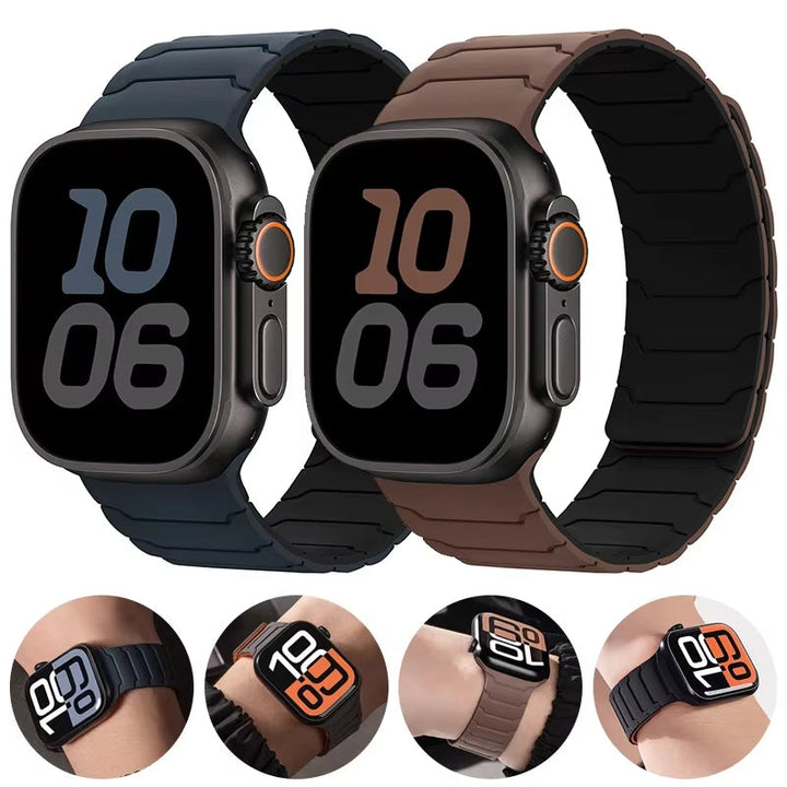 Close-up of men's durable black silicone Apple Watch band, highlighting the secure magnetic clasp design.