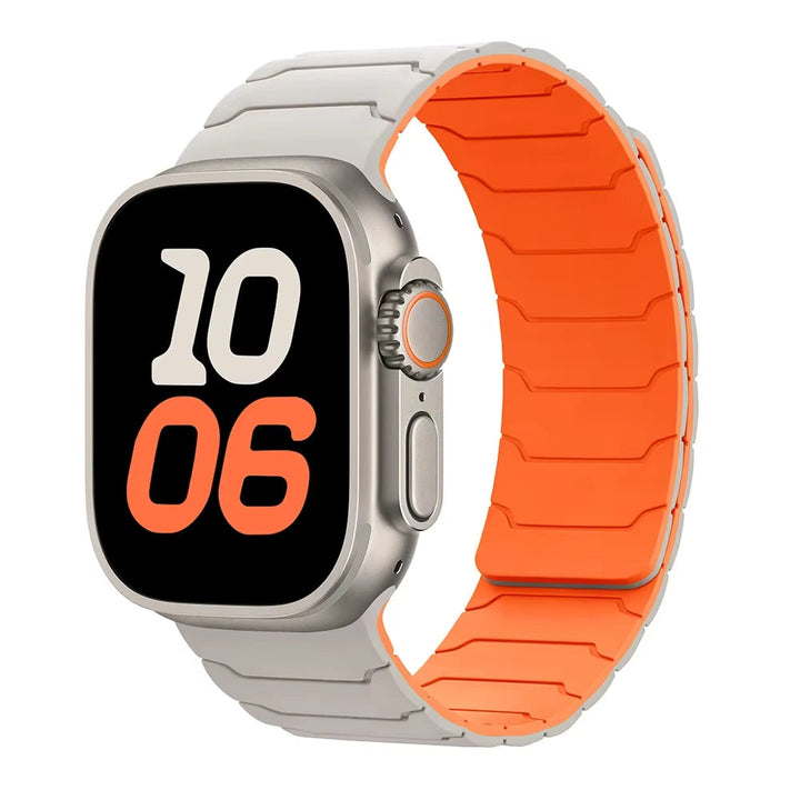 Sweat-resistant men's silicone Apple Watch strap with strong magnetic clasp for active lifestyles.