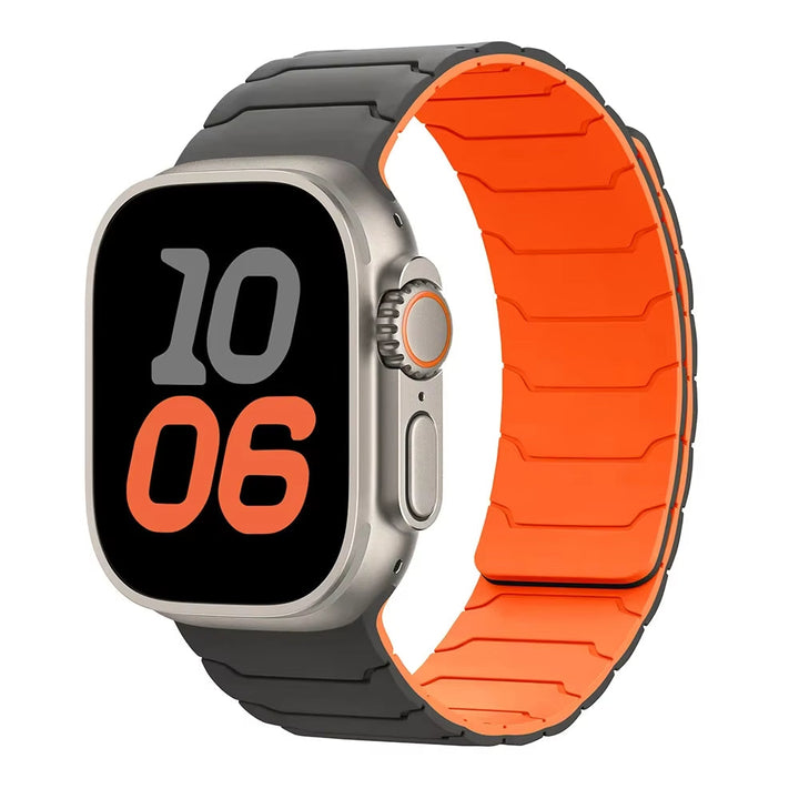 Black men's durable silicone Apple Watch band, magnetic clasp, comfortable for sport & everyday.
