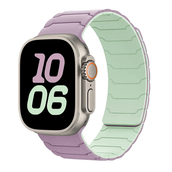 Active men's grey silicone Apple Watch band with secure magnetic clasp, ideal for gym & outdoor sports.
