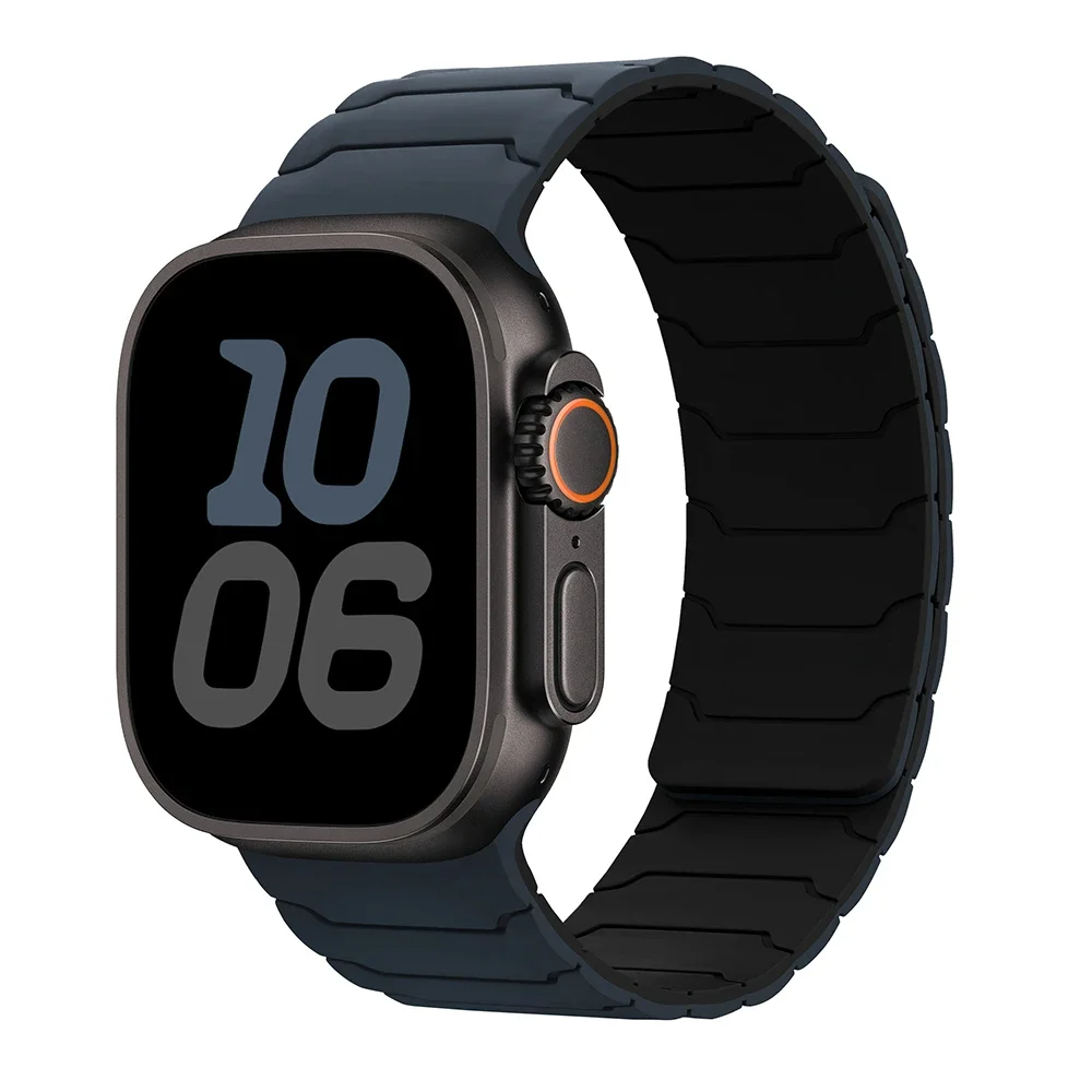 Comfortable men's black Apple Watch silicone band with magnetic clasp for easy adjustment & secure fit.