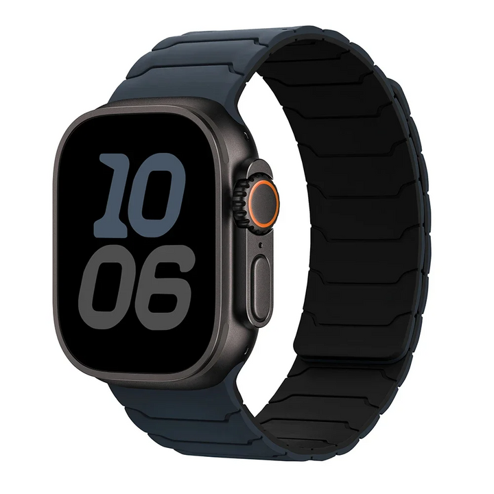 Comfortable men's black Apple Watch silicone band with magnetic clasp for easy adjustment & secure fit.