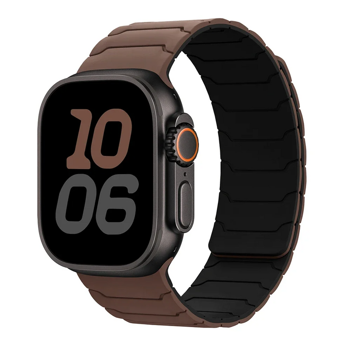 Men's durable red silicone Apple Watch band featuring a sleek magnetic clasp for secure wear.