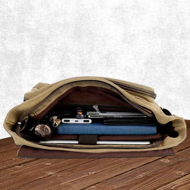 Vintage men's canvas satchel, a durable laptop crossbody bag for work, travel, and style.