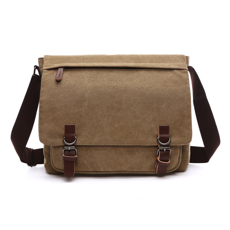 Men's durable canvas messenger bag with stylish buckle straps, perfect for work, travel, or casual use.