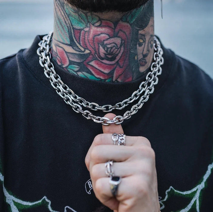 Bold men's chainlink necklace, a strong statement piece with a polished, durable finish. Great gift for him.