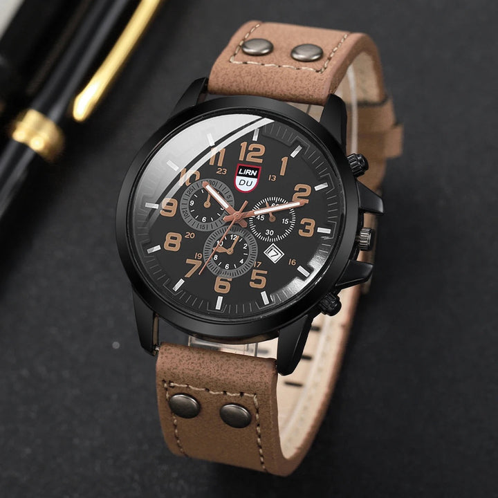 Rugged men's tactical watch featuring a genuine cowhide leather strap and bold military-style dial.