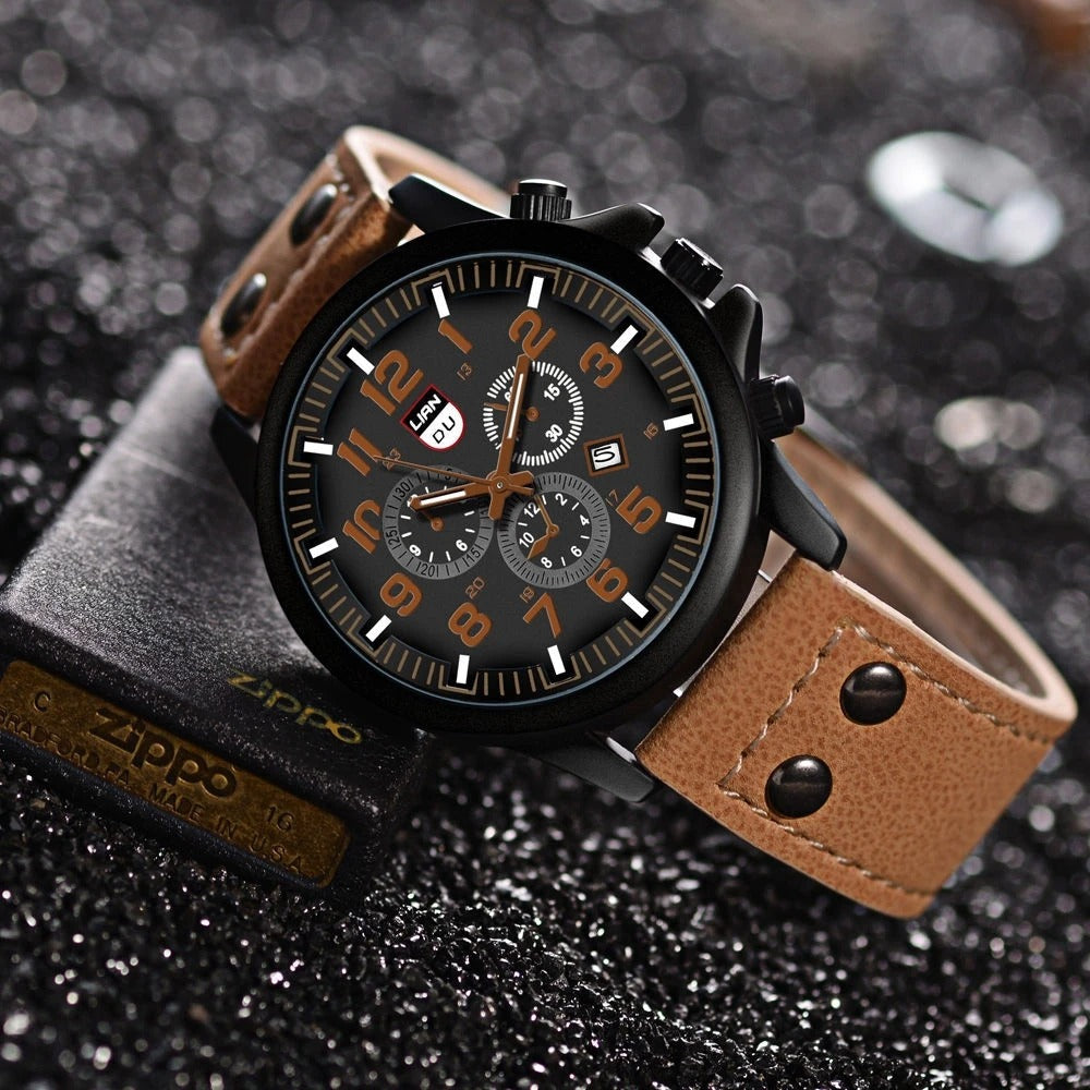 Close-up of a men's durable cowhide watch, showcasing its bold dial, strong hands, and rugged design.
