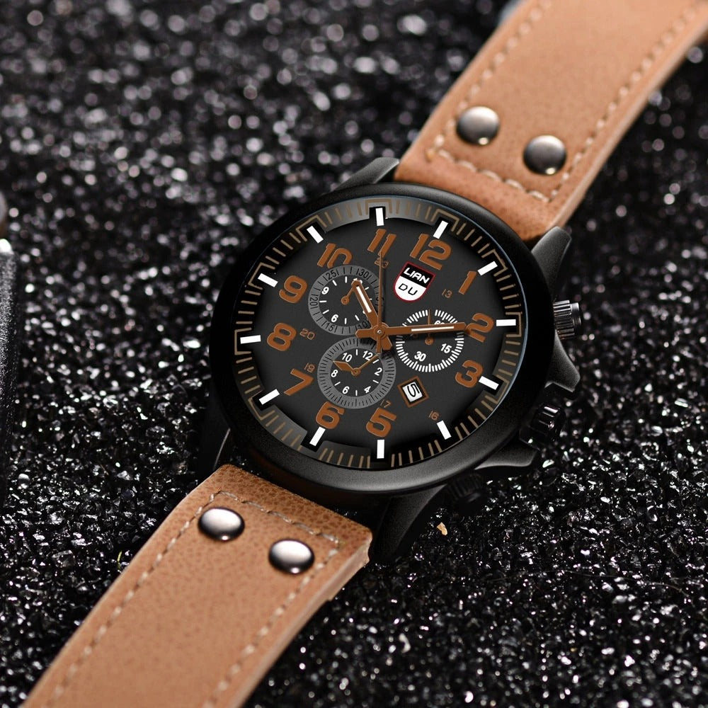 High-quality men's cowhide leather watch with a bold dial, ideal for a durable and stylish accessory.