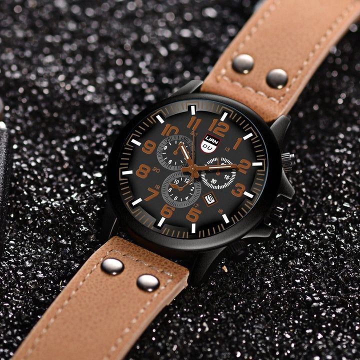 High-quality men's cowhide leather watch with a bold dial, ideal for a durable and stylish accessory.