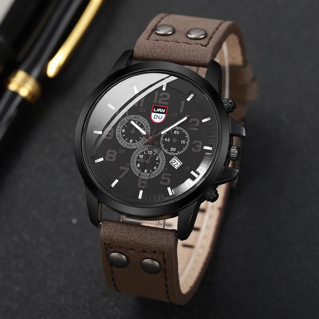 Military-style men's watch with durable cowhide strap and a bold, contrasting dial for clear visibility.