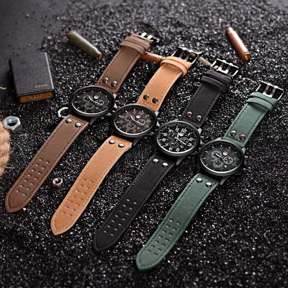Men's rugged leather watch, crafted from durable cowhide, featuring a prominent bold dial and sturdy construction.