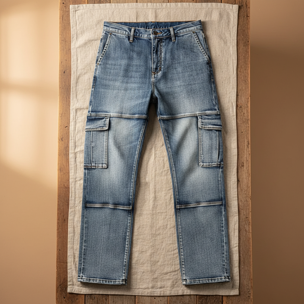 Rugged men's denim cargo jeans with utility pockets, perfect for durable workwear.