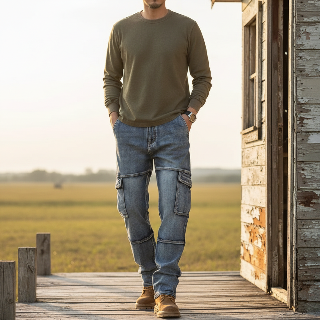 Stylish & durable men's field cargo jeans, a rugged choice for everyday casual fashion.